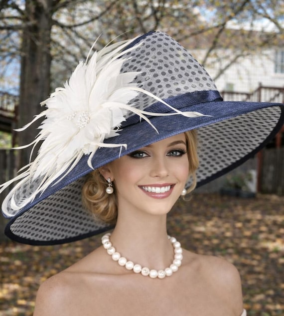 Navy Blue White Polka Dots Wide Brim Kentucky Derby Hat  display picture 2