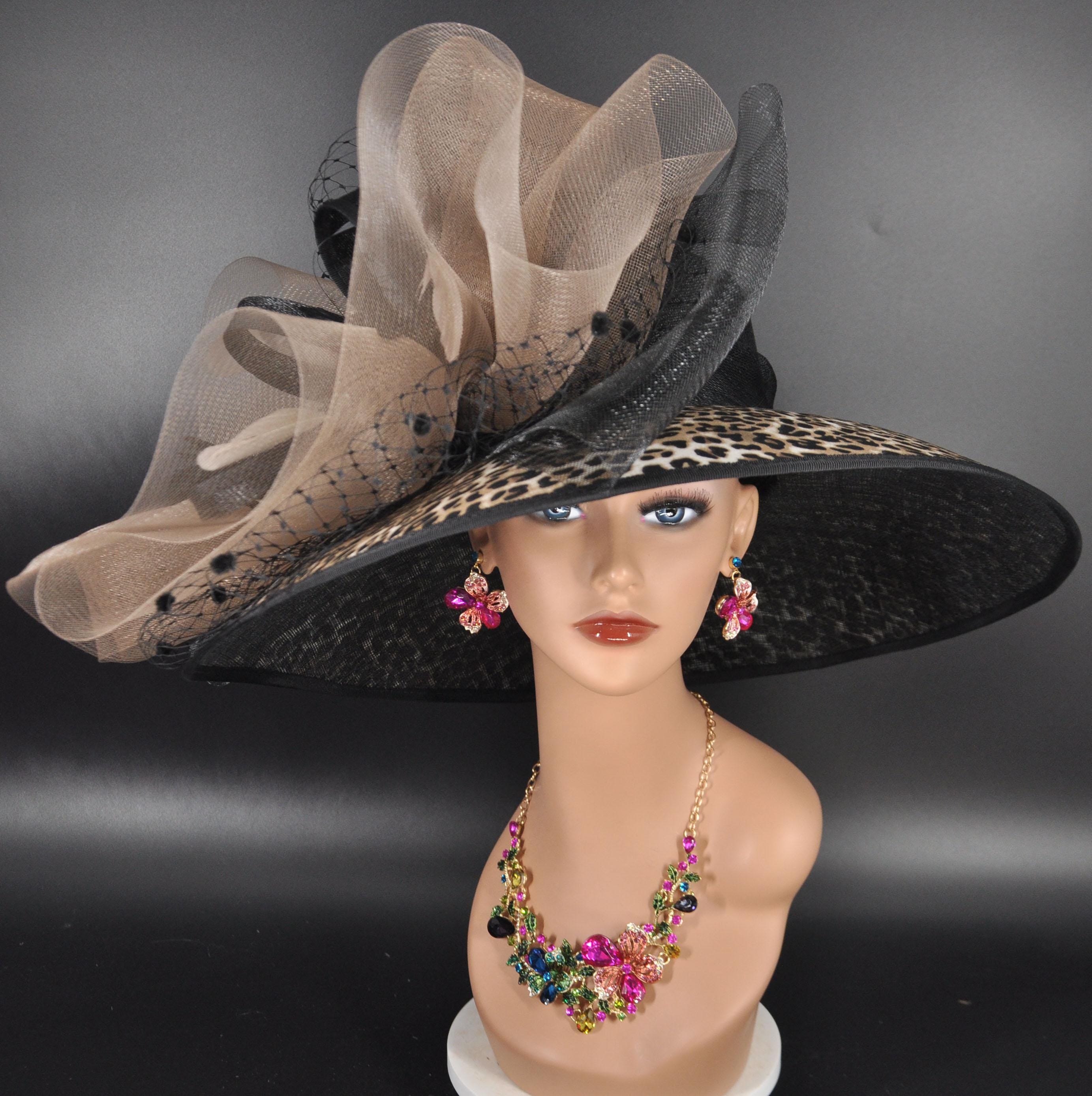 Church Kentucky Derby Hat Carriage Tea Party Wedding Wide Brim  Royal Ascot Horse Race Oaks day hat Black Leopard Print Derby Hat
