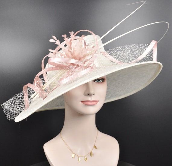 Ivory & Blush Pink Derby Hat: Feather Flower Tea Party Hat  display picture 3