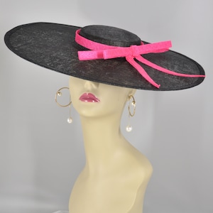 Large Brim Sinamay Fascinator Hat w Ribbon Design for DIY Kentucky Derby Hat Millinery Supply Round Shape 18.5 Diameter,Black w Hot Pink