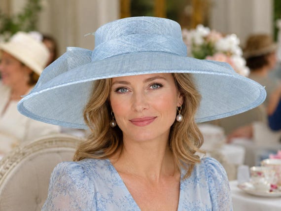 Light Blue  Wide Brim Sinamay Hat with Convertible Bow, Kentucky Derby Ascot Royal Wedding Church Garden Party Mother of the Bride Hat