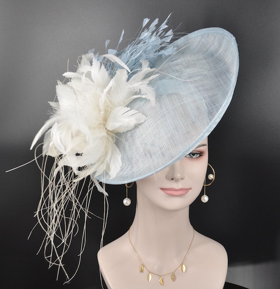 Powder Blue Fascinator Hat Headband With Ivory Feather  display picture 1