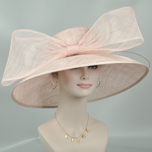 Church Kentucky Derby HatCarriage Tea Party Wedding Wide Brim  Royal A Hat  Sinamay Hat Bow Quills Dusty Pink( Blush Pink)