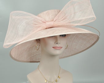 Church Kentucky Derby HatCarriage Tea Party Wedding Wide Brim  Royal A Hat  Sinamay Hat Bow Quills Dusty Pink( Blush Pink)