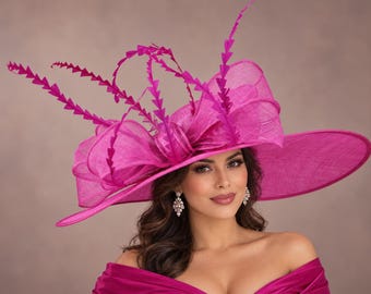 Wide Brim Kentucky Derby Hat, Ascot Hat for Wedding & Tea Party, Garden Party Hat, Mother of the Bride, Church Fuchsia/Hot Pink