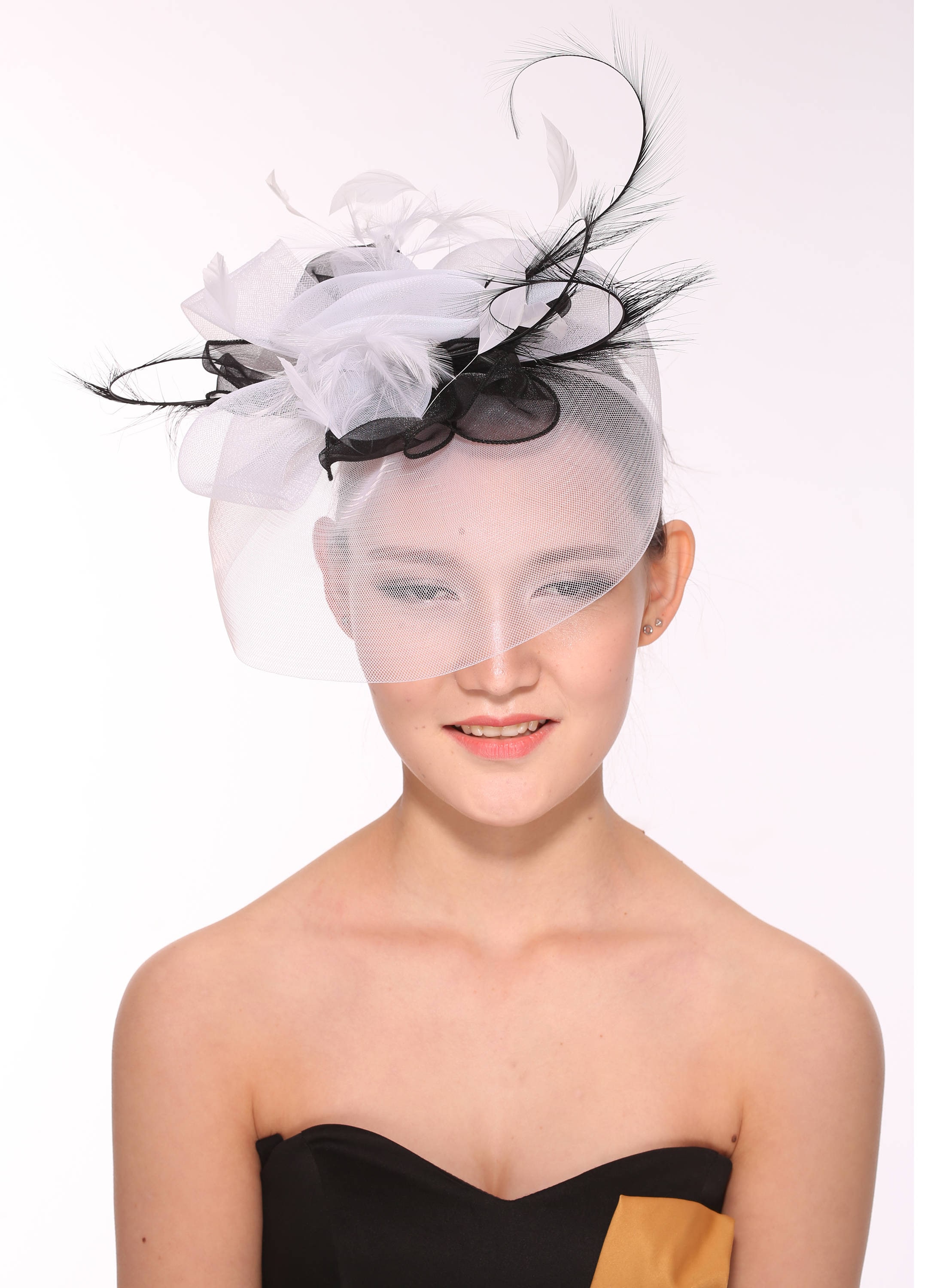 Elegant Derby Black & Cream Feather Floral Straw Fascinator Hat Women Fascinator Hat Kentucky Derby Headband Victorian  main image 4