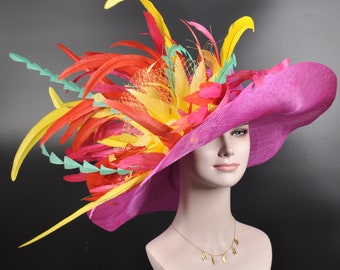Hot Pink w Lemon Yellow Turquoise Red  Kentucky Derby Hat, Tea Party Hat Wide Brim Sinamay  Hat