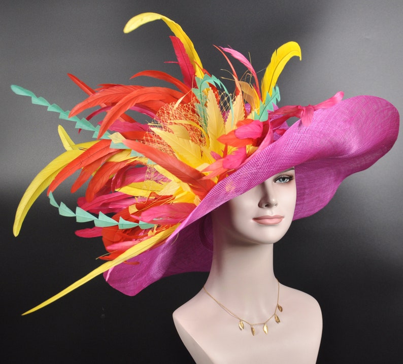 Hot Pink w Lemon Yellow Turquoise Red Kentucky Derby Hat, Tea Party Hat Wide Brim Sinamay Hat image 1