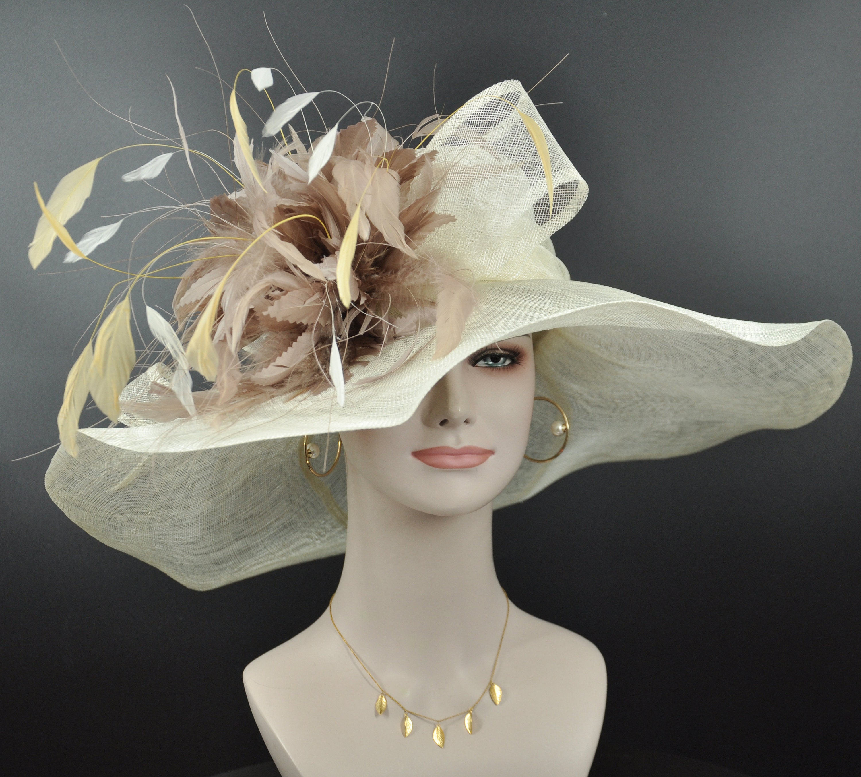Nwt Elite Champagne Brown And Beige Woven Derby Church Hat W/Feathers And Satin kentucky derby hat fascinator champagne beige satin with  main image 4
