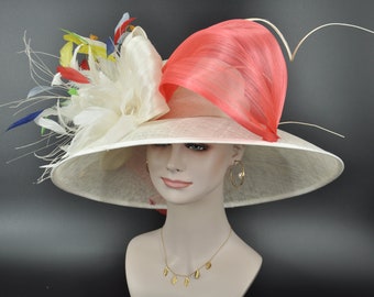 Church Kentucky Derby Hat  Carriage Tea Party Wedding Wide Brim Sinamay Hat Ivory/off white w Huge Coral Pink Silk Abaca Bows, Quills