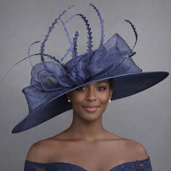 NEW Kentucky Derby Hat Fascinator Navy Blue Feathers Organza Church Tea Ascot M22019 ( Navy Hat ) Kentucky Derby Hat Church Hat Wedding  main image 4