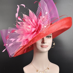 Church,  Kentucky Derby Hat,  Carriage, Tea Party, Wedding, Wide Brim Sinamay Hat Red w Fuchsia Hot Pink Pink Feather Flower Bows 3 Layers