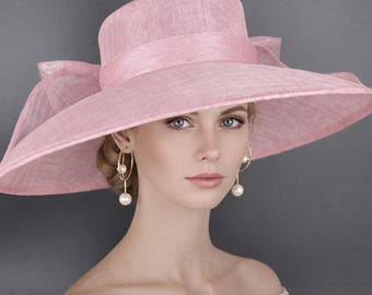 Pink  Wide Brim Sinamay Hat with Convertible Bow, Kentucky Derby Ascot Royal Wedding Church Garden Party Mother of the Bride Hat