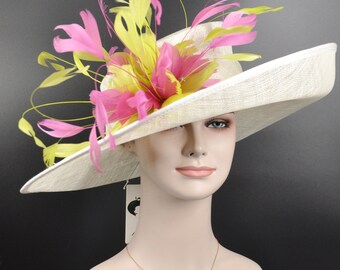 Church,  Kentucky Derby Hat, Carriage Tea Party Wedding Wide Brim Sinamay Hat Off White/Ivory w Lime Green Hot Pink