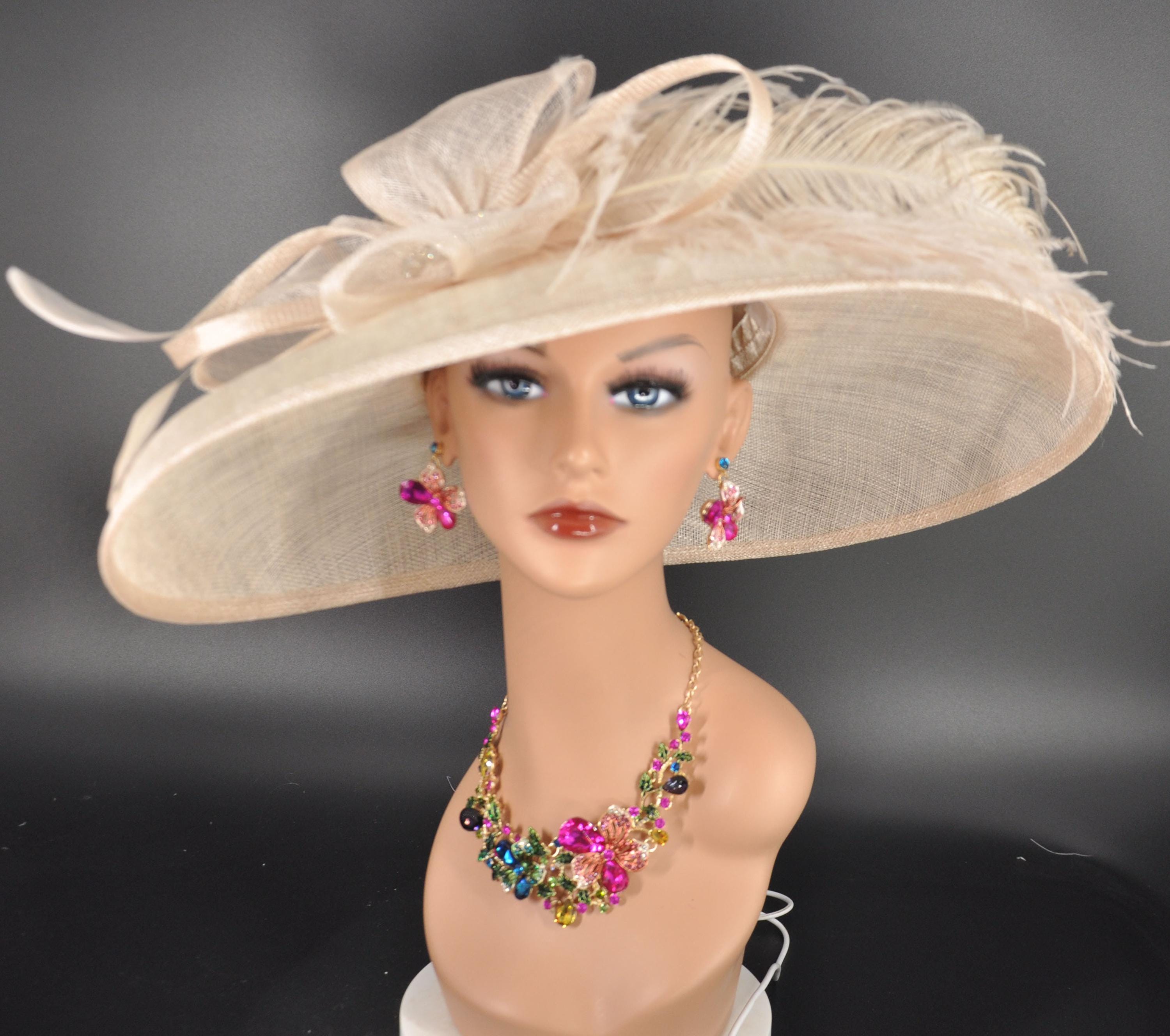 Champagne Wide Brim feathers Kentucky Derby ,garden party elegant hat. Wide Brim Champagne Derby Hat, Feather Flower Ascot Races - Etsy main image 2