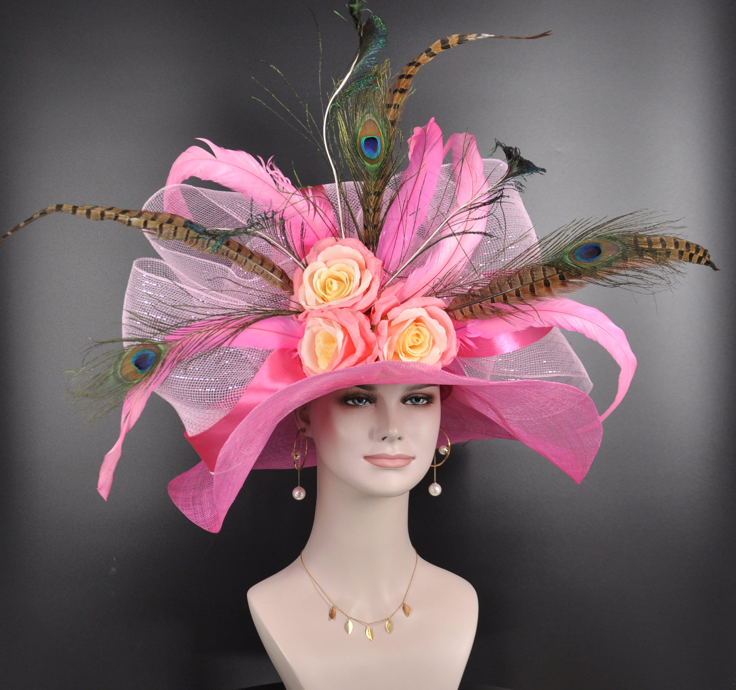 Pink Sinamay Derby Hat: Peacock Feathers, Wide Brim - Etsy display picture 1