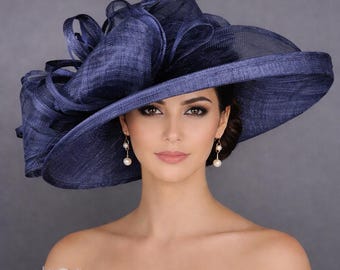 Wide Brim Sinamay  Hat for Kentucky Derby, Ascot Racing Hat, Elegant Wedding Guest Hat, Mother of the Bride Hat Navy Blue