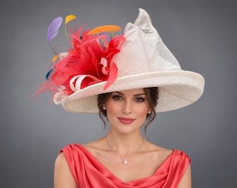 Off White/Ivory w Coral Pink  Colorful Feather Flower Wide Brim Hat Oaks Day Derby Hat, Royal Ascot, Tea Party, Mother of the Bride