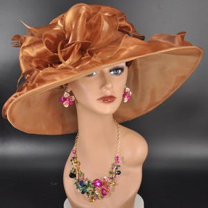 Gold Organza Kentucky Derby Hat: Wide Brim Tea Party Wedding Hat