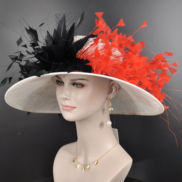 Church Kentucky Derby Hat Carriage Tea Party Wedding Wide Brim Sinamay Hat White w Black Red Royal Ascot Horse Race Oaks day hat