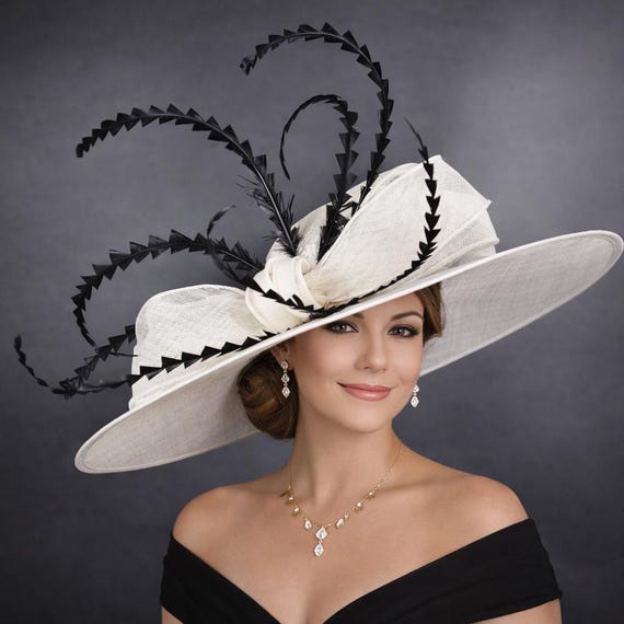 White Black Wide Brim Kentucky Derby Hat, Ascot Hat for  display picture 2