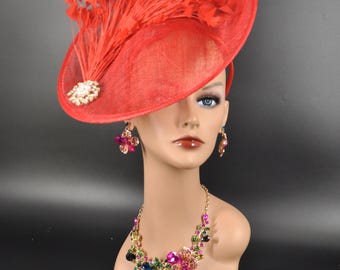 Red Sinamay Fascinator: Feather Flower Derby Hat - Etsy display picture 3