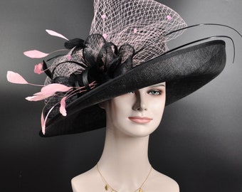 Church Kentucky Derby HatCarriage Tea Party Wedding Wide Brim  Royal Ascot Horse Race Oaks day hat Black w Blush Pink