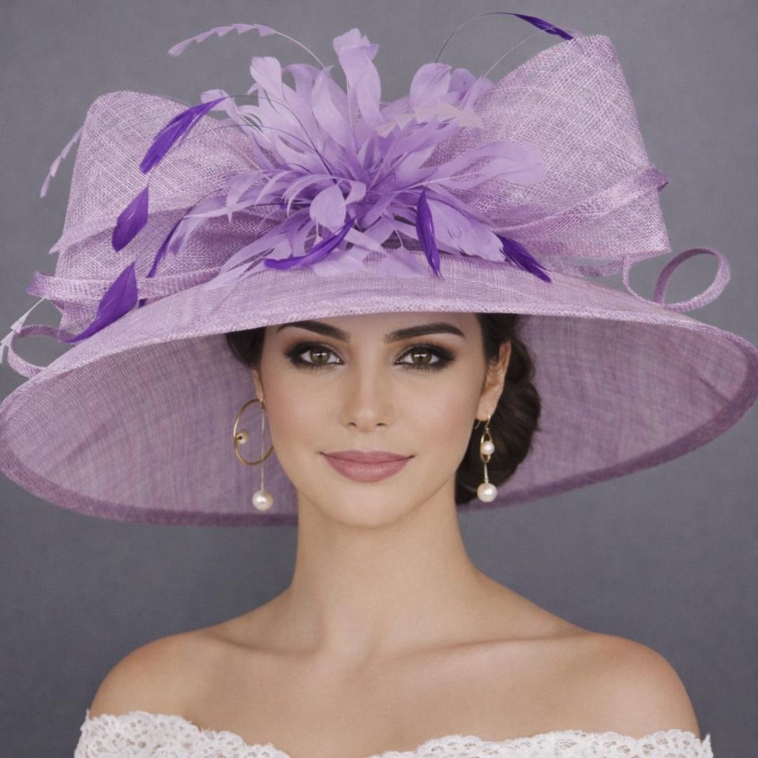 Wide Brim Sinamay Derby Hat: Feather Flower Wedding Tea 