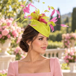 Lime Green Hot Pink  Feather Flower Fascinator For  Kentucky Derby, Ascot Racing Hat, Wedding Guest Hat, Mother of the Bride Hat