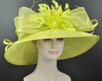 Church Kentucky Derby Hat Carriage Tea Party Wedding  With Jumbo Feather Flower and Bows Lime Green