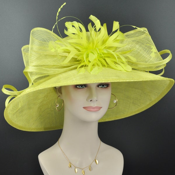 Church Kentucky Derby Hat Carriage Tea Party Wedding  With Jumbo Feather Flower and Bows Lime Green