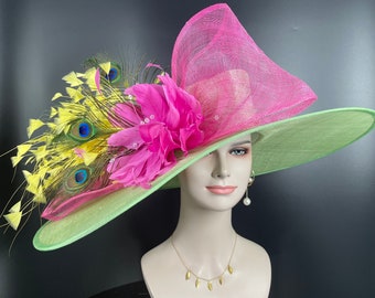 Green+Hot Pink Yellow Royal Ascot Horse Race Oaks day hat Carriage Tea Party Wedding Kentucky Derby Hat Party Hat Wide Brim Sinamay Hat