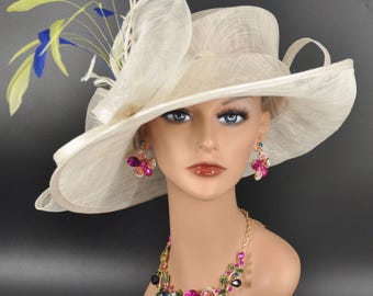 Wide Brim Kentucky Derby Floppy Sinamay Hat With Flowers  Millinery Church  Hat Off White/Ivory w Royal Blue and Lemon Yellow Feathers