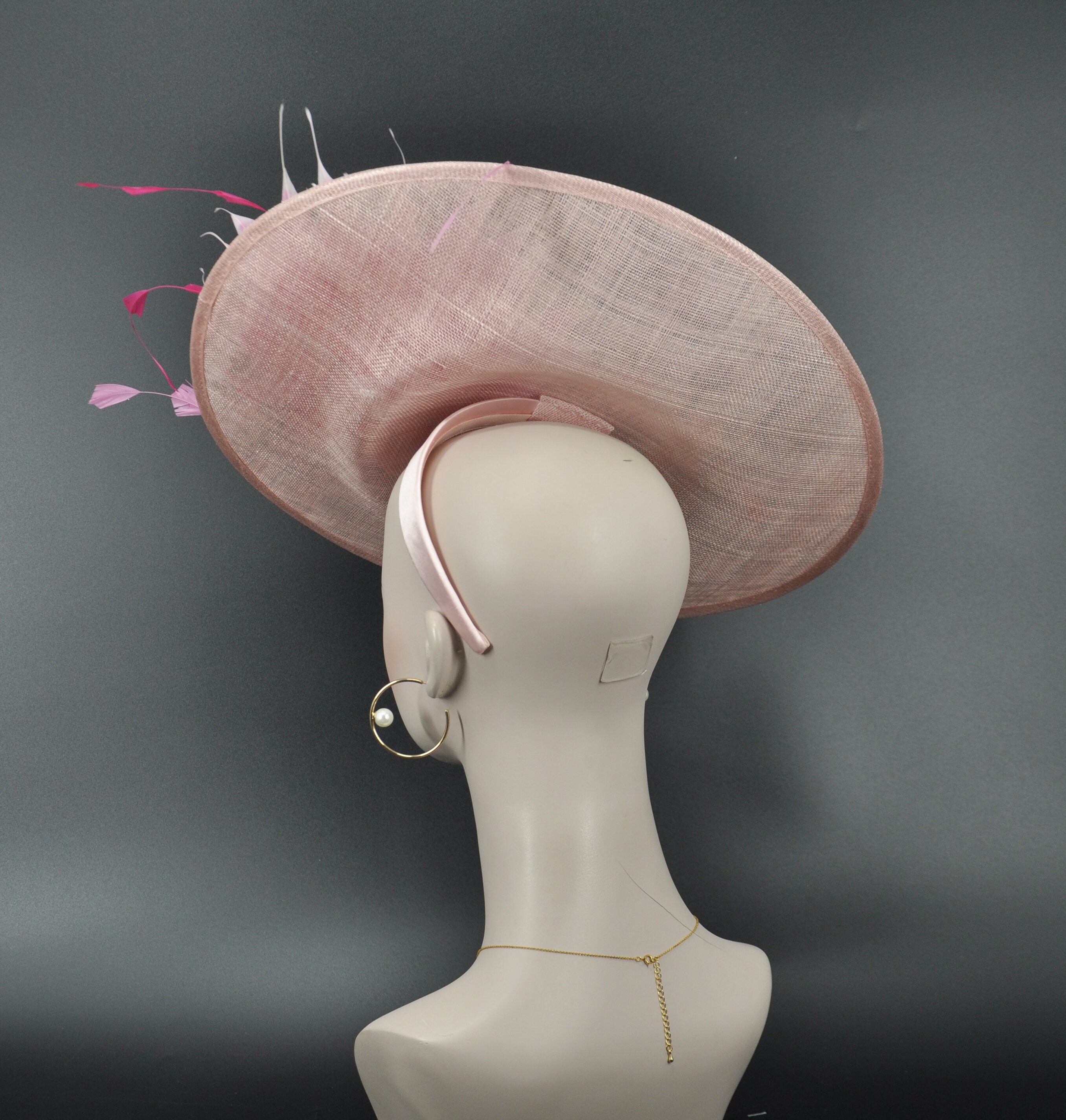 Blush Pink Wide Brim KY Derby Oaks Hat Statement Pink Fascinator Headwear Kentucky Derby Hat, Red Hot Pink Wide Brim Hat, Fuchsia Rose  main image 3