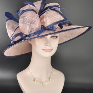 Church Kentucky Derby Hat Carriage Tea Party Wedding Wide Brim  Royal Ascot Hat in Solid Sinamay Hat Dusty/blush  Pink w Navy Blue