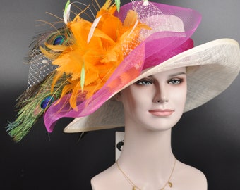 Church Kentucky Derby Hat Wide Brim Sinamay Hat Carriage Tea Party Wedding  Ivory/off White with Hot Pink Orange Feather Flower