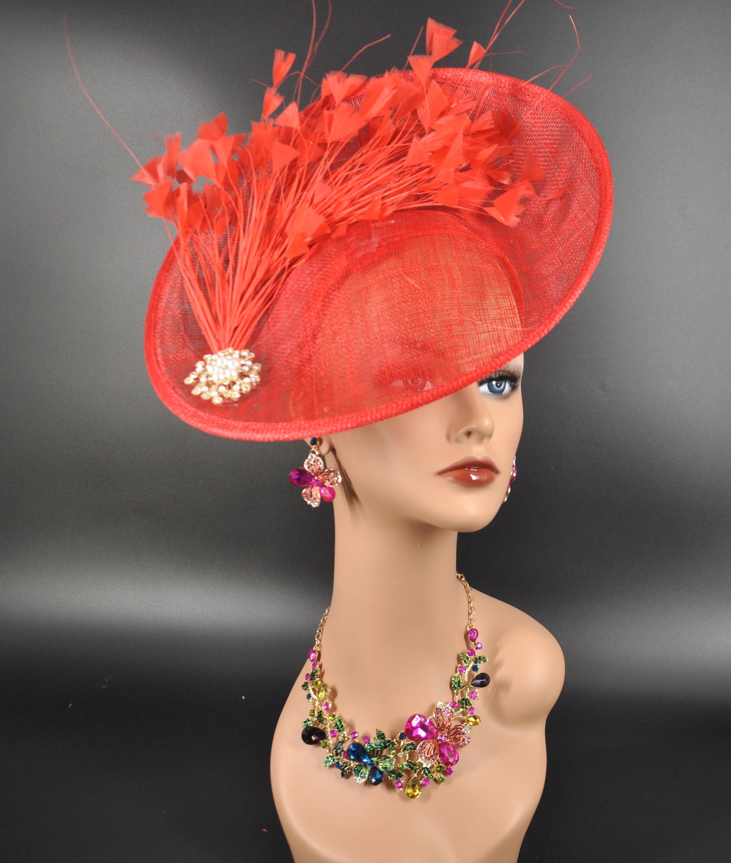Red Sinamay Fascinator: Feather Flower Derby Hat - Etsy
