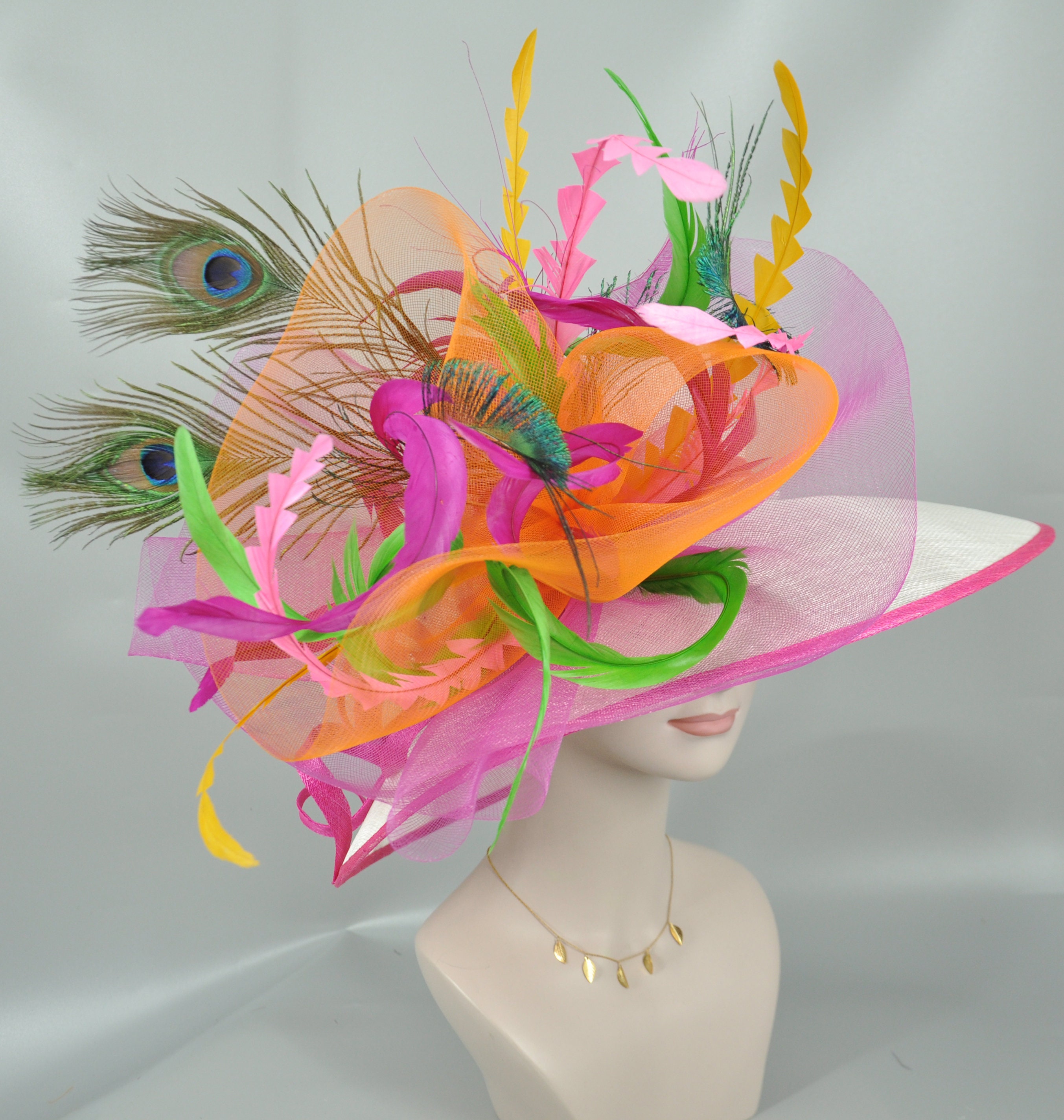 Elegant Women\'s Wide-Brim Feather Hat in Fuchsia and Orange Fuschia Wide Brim Hats - Etsy UK main image 3