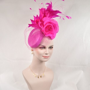 Hot Pink Sinamay w Jumbo Silk Flower Goose and Rooster Feather Flowers Fascinator Hat  Made On A Same Color Headband