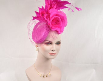 Hot Pink Sinamay w Jumbo Silk Flower Goose and Rooster Feather Flowers Fascinator Hat  Made On A Same Color Headband