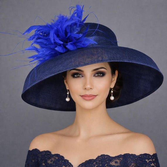 Navy Royal Blue Audrey Hepburn Style Wide Brim Sinamay Hat  display picture 2