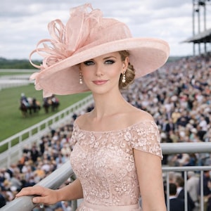 Blush roze stoffige roze brede rand Sinamay hoed voor Kentucky Derby, Ascot Racing hoed, elegante bruiloft gast hoed, moeder van de bruid hoed