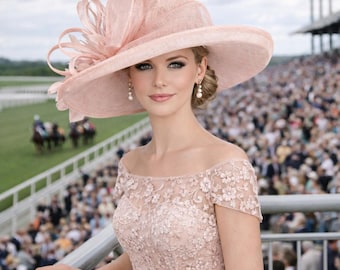 Blush Pink Dusty Pink Wide Brim Sinamay Hat for Kentucky Derby, Ascot Racing Hat, Elegant Wedding Guest Hat, Mother of the Bride Hat