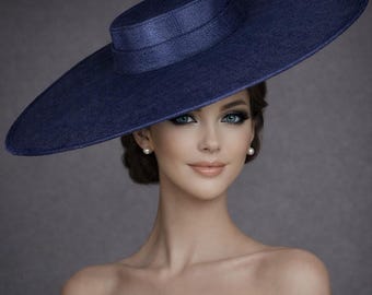 Tocado de sinamay de ala ancha azul marino, sombrero Ascot Royal para bodas, carreras, Derby de Kentucky, fiestas, madre de la novia