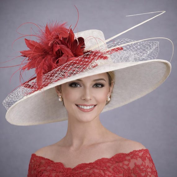 Off White Burgundy Feather Flower Wide Brim Sinamay Hat  display picture 3