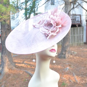Dusty Pink Sinamay Disc Fascinator Hat with   Handmade Silk Flowers and Feathers