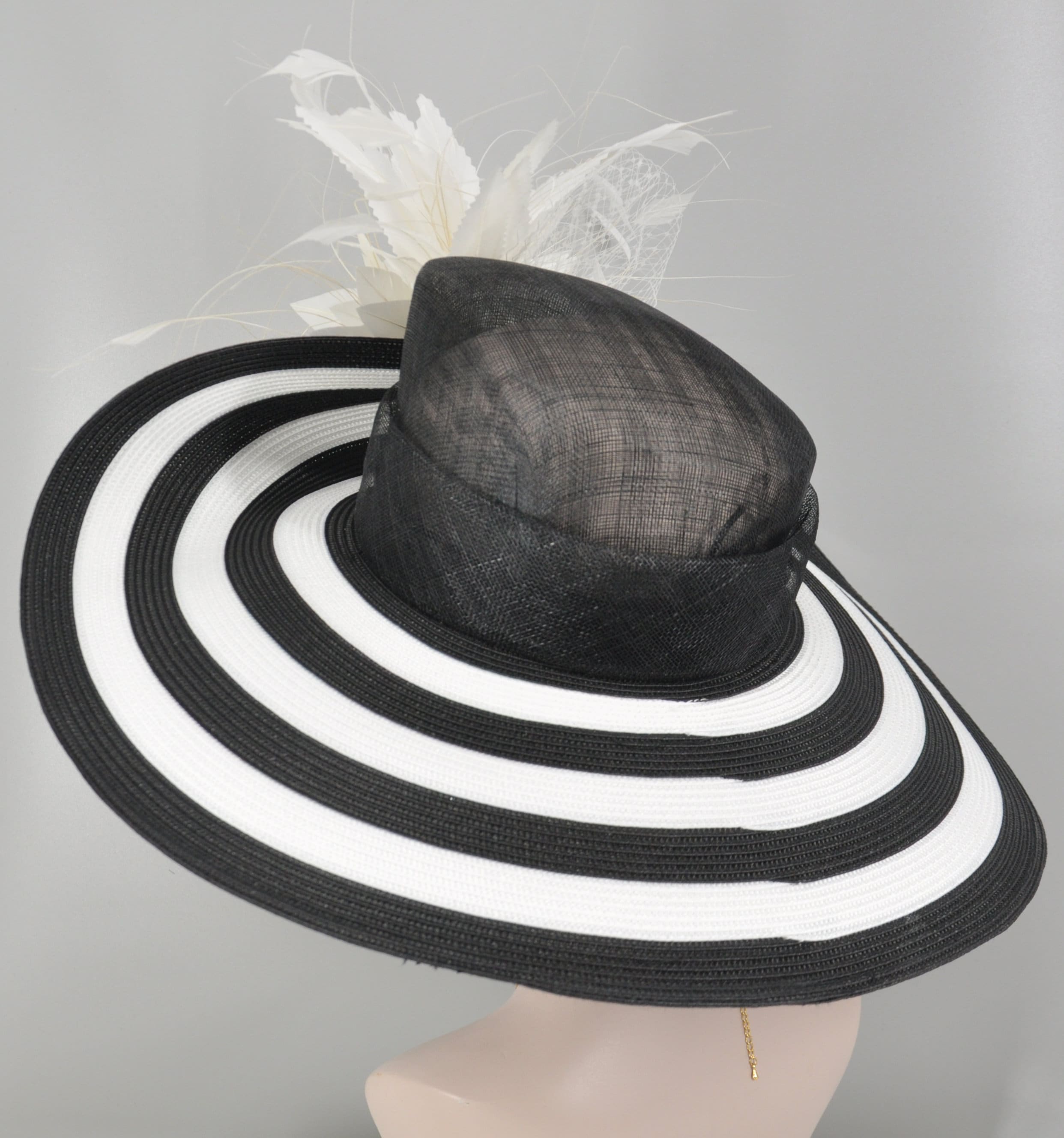 Black & White Feather Flower Derby Hat: Wide Brim Sinamay 