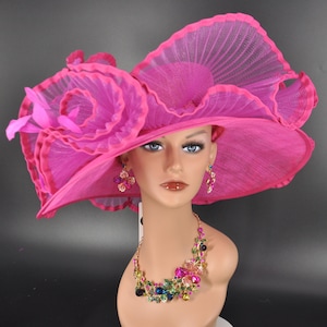 Church Kentucky Derby Hat Carriage Tea Party Wedding Wide Brim Woman&#39;s Hat in Sinamay Hat w Wave Style Crin Decorations Fuchsia/Hot Pink