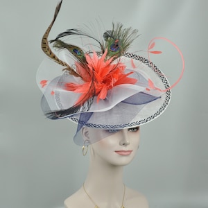 White w Navy Blue Coral Pink  Sinamay Disc Fascinator Hat with Jumbo Feather Flowers Kentucky Derby Hat Carriage Wedding Tea Party Hat