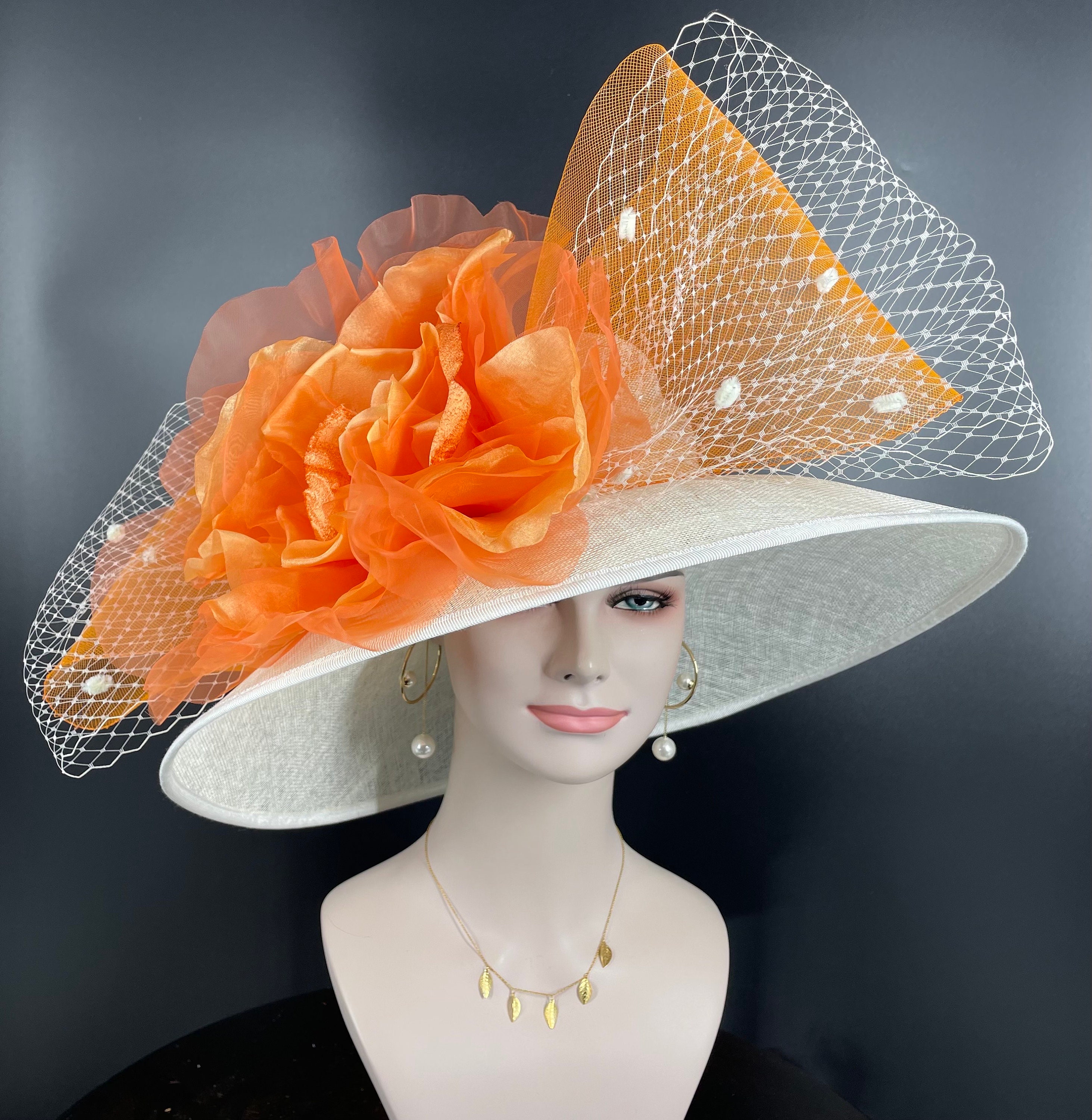 ORANGE STRAW DERBY HAT ? M936( Orange hat ) Kentucky Derby hat, Wedding hat, Royal  main image 2